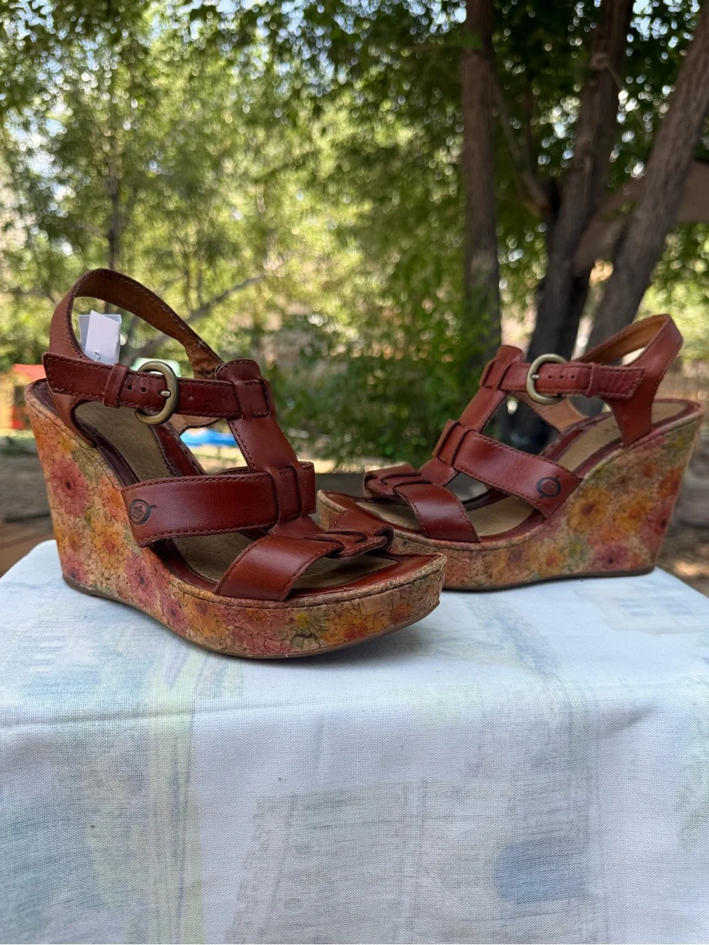 Born Leather Strappy Floral Cork Wedge Sandals